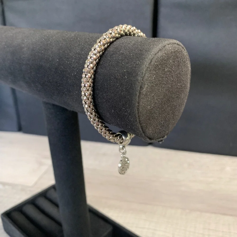 Silver Tone Popcorn Chain Stretch Bracelet Pavé Rhinestone Circle Charm 6.5